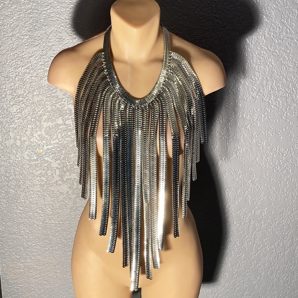 ENCOUR - necklace: thick long silvertone asymmetric fringe 1 of a kind statement - Picture 2 of 16